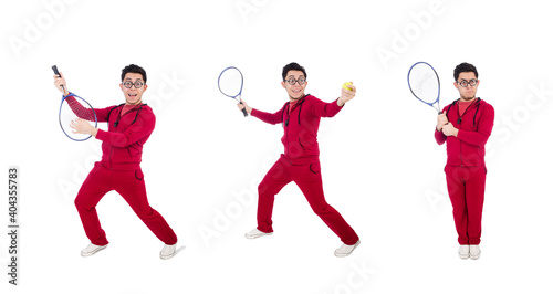 Funny tennis player isolated on white