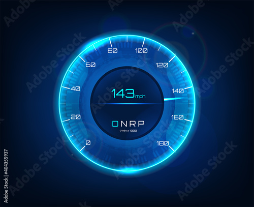 Modern car speedometer. Futuristic speedometer and tachometer for car with speed in miles and transfer, blue color. HUD dashboard auto. Vector isolated illustration
