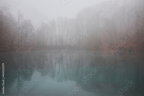 Foggy forest and reflection on water © andras_csontos