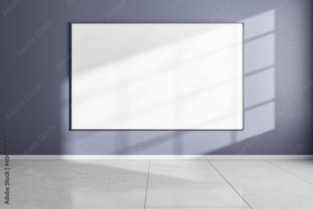 Minimalistic gallery interior with empty banner on blue wall Minimalistic gallery interior with empty banner on blue wall