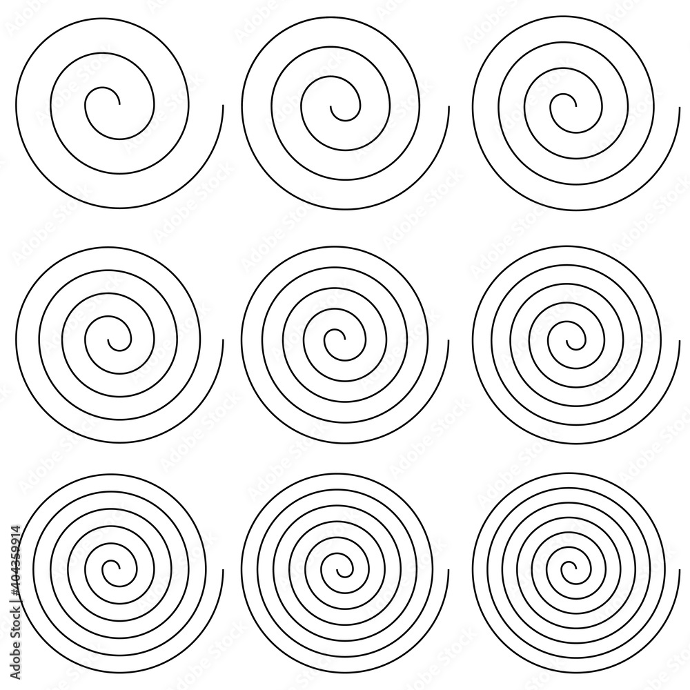 Set of spirals with different number turns of scroll, vector simple helix spiral round turns gyre
