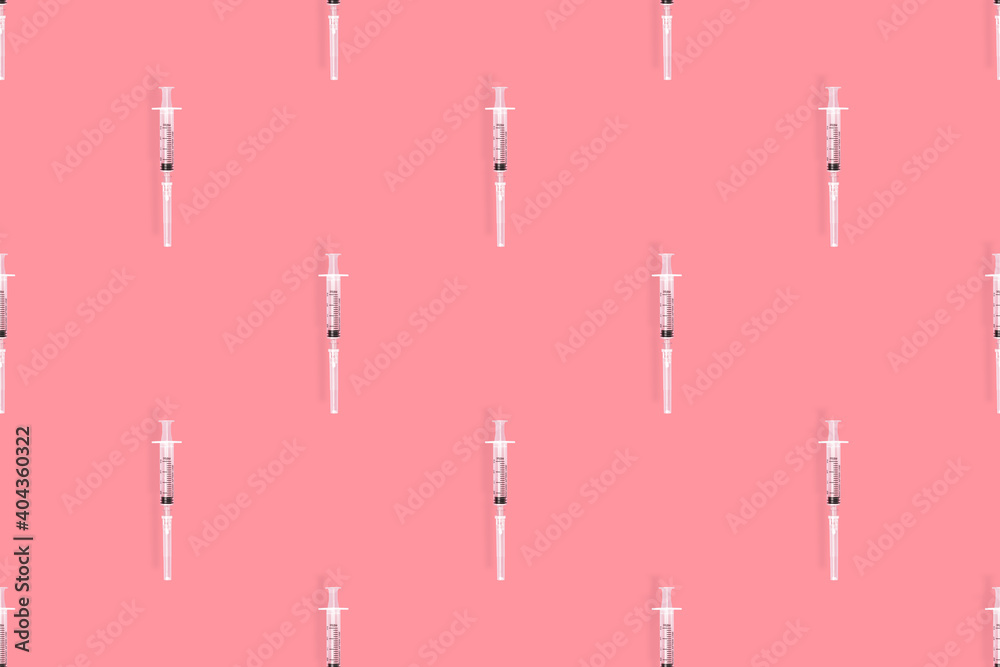 Medical syringes seamless pattern. Medical syringes on a red background. Medical syringes seamless pattern. Medical syringes on a red background.