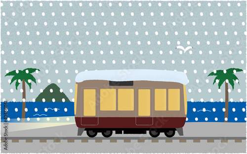 吹雪の中、ライトを点けて海沿いを走る電車のベクターイラスト