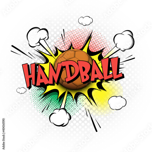 Comic bang with expression text Handball. Comics book font sound phrase template with handball ball. Pop art style banner message. Sports fan emotions. Vector illustration