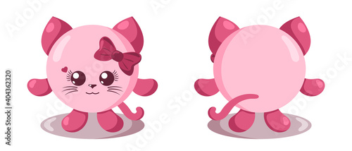 Funny cute kawaii cat girl with round body in flat design with shadows, front and back. Isolated animal vector illustration	