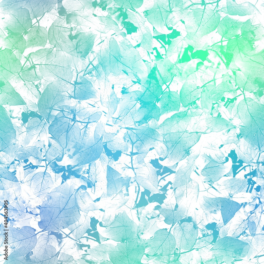Seamless satin soft pastel color leaves pattern. High quality illustration. Beach or resort wear design of leaves in fuzzy turquoise and white. Repeat raster jpg pattern design. Seamless satin soft pastel color leaves pattern. High quality illustration. Beach or resort wear design of leaves in fuzzy turquoise and white. Repeat raster jpg pattern design.