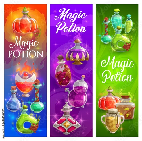 Halloween posters with witch magic potions bottles. Sorcerer spells, wizard elixirs liquid in spooky shapes glass flasks. Sorcery or alchemy potions, fairytale drinks or poisons cartoon vector