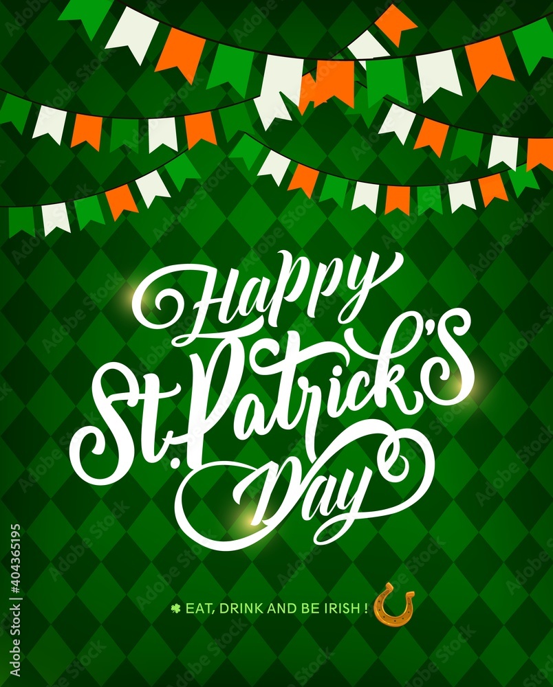 St. Patrick Day holiday vector greeting card, lettering and horseshoe. Red, green and white irish color flags garland on checkered background. Saint Patricks Irish festival, celtic party invitation - obrazy, fototapety, plakaty 