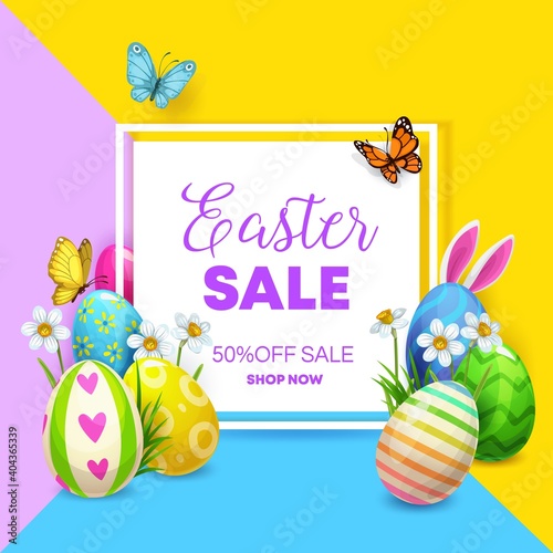 Easter sale vector poster with eggs and bunny. Easter holiday offer of discount price with painted eggs, rabbit ears, spring flowers, green grass blades and butterflies, special promo design