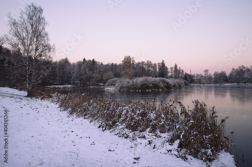 Landscape by the pond in winter scenery.