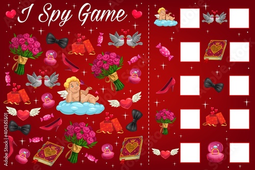 Saint Valentine day children I spy puzzles book page. Child playing activity with calculation task, kids math game. Cupid, flowers and gifts, engagement ring, candy and doves coupe cartoon vector