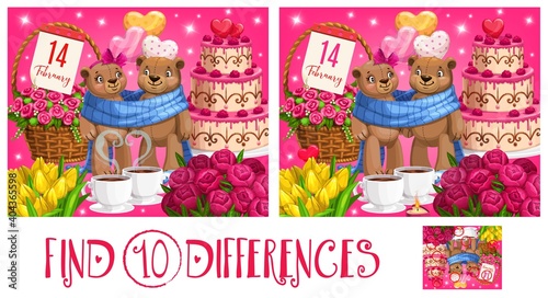Valentine day children find ten differences puzzle game. Kids playing activity with search and compare task, preschooler child game. Bears toys couple, wedding cake and flowers bouquets cartoon vector