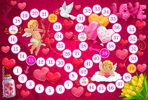 Saint Valentine day child board game template. Kids educational activity with counting task, children roll and move boardgame with cupids cartoon characters, balloons and tulip bouquet, dove vector