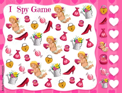 Saint Valentine day kids educational I spy game. Children counting activity, kindergarten child math puzzle. Heart lock, shoe and candy, cupid character, engagement ring and flowers cartoon vector
