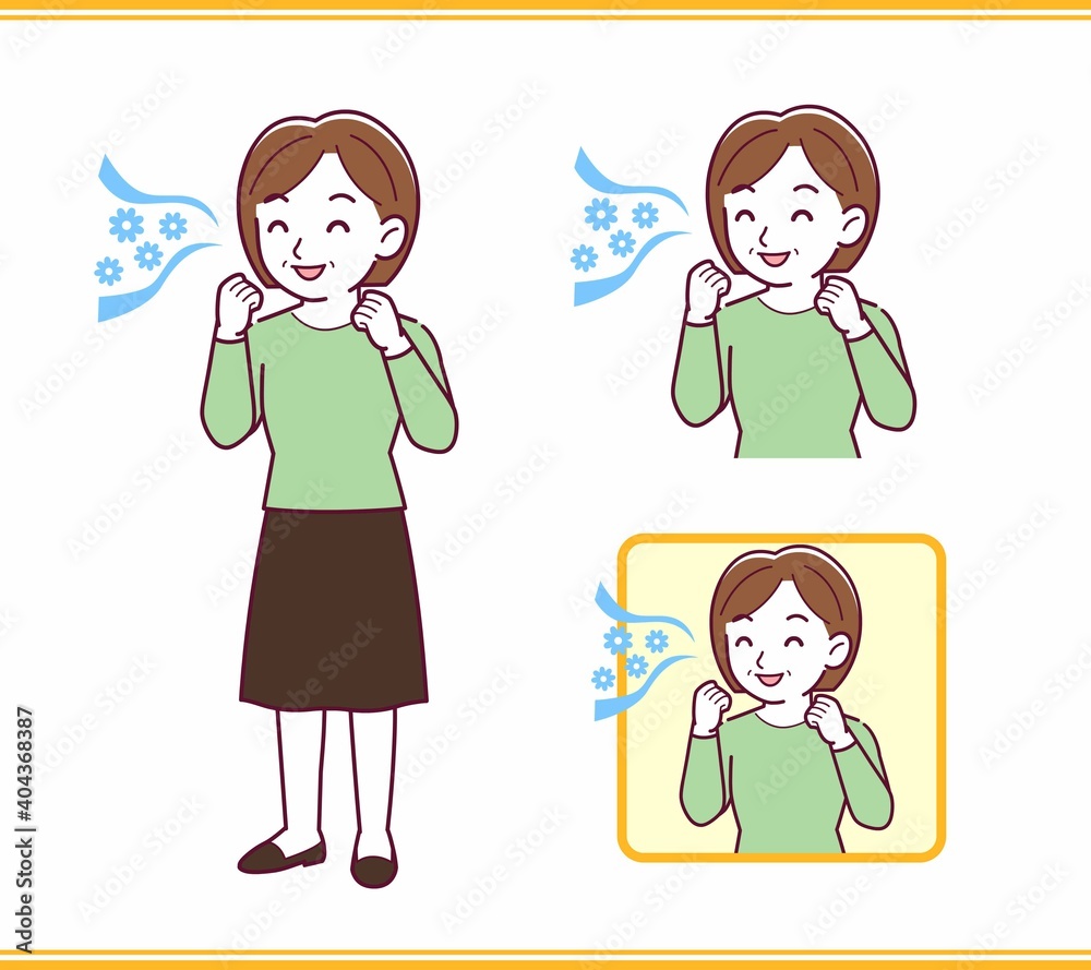 Middle-aged woman in green clothes_smell Middle-aged woman in green clothes_smell