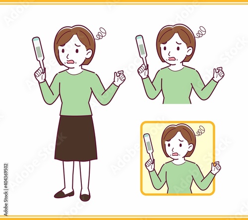 Middle-aged woman in green clothes_thermometer