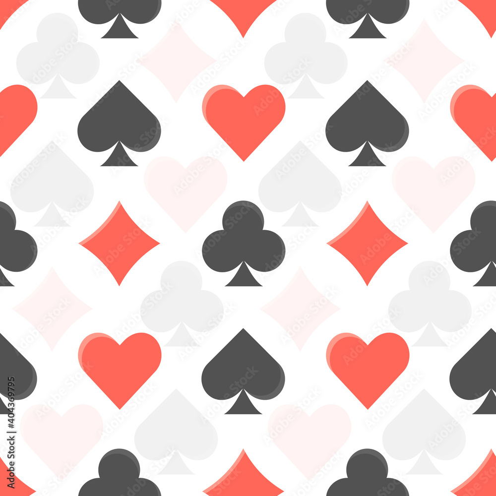 Flat vector black and red colorful seamless pattern with playing cards suits. Diamonds, clubs, hearts and spades texture for leisure activity games design, textile, wrapping paper, background