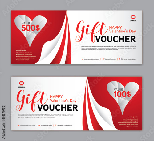 Gift Voucher template for Happy Valentine's Day, Valentines day Coupon, Valentine's day Sale banner, certificate, discount cards, headers, web banner, red background, Valentine's day design vector ill