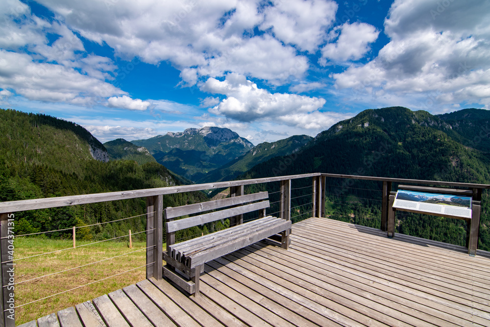 Modern wooden platform - outlook from Solcava to Logarska Dolina, Slovenia