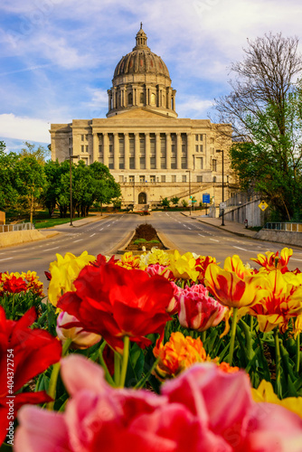 Missouri State Capitol Building with spring tulips.