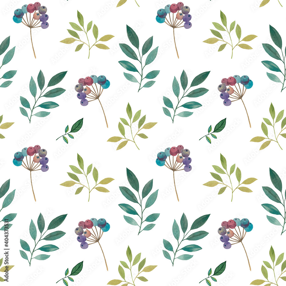 seamless pattern leaves and berries. mixed media botanical pattern of berries and leaves. leaves seamless pattern