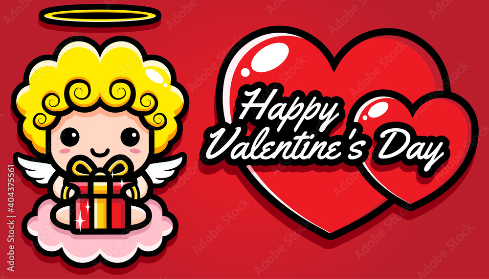 Cute cupid character design brings gifts to happy valentine's day love greeting cards