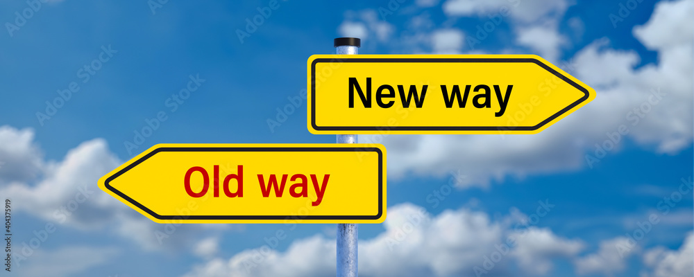 street signs pointing in different directions with the message NEW WAY and OLD WAY in front of a cloudy background street signs pointing in different directions with the message NEW WAY and OLD WAY in front of a cloudy background