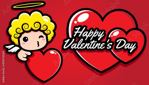 Cute cupid character design hugging heart on happy valentine's day love greeting card