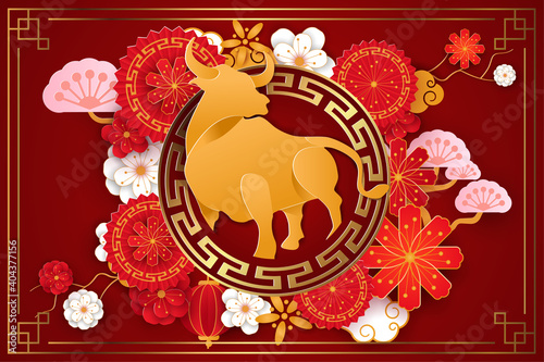 Paper art ox 2021 decoration greeting card for lunar year banner, may you welcome happiness in chinese characters china. Premium Vector