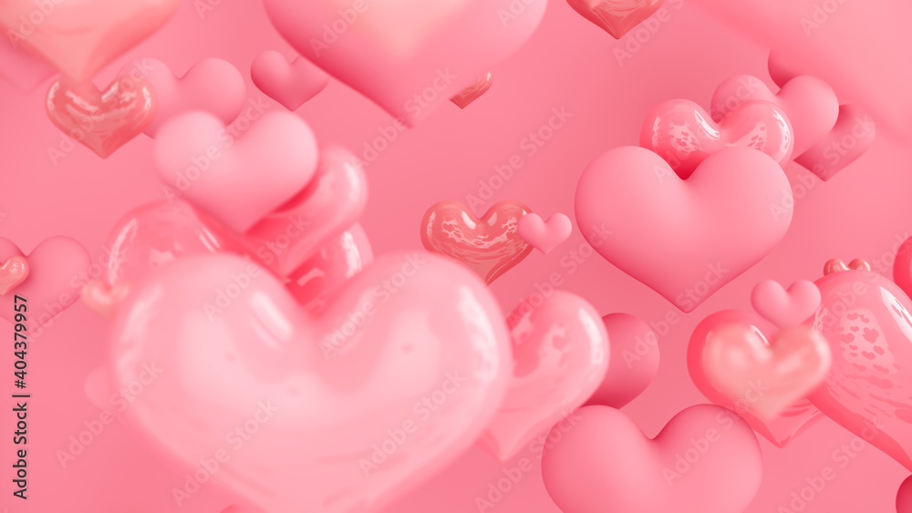 Pastel pink hearts. Abstract background with hearts. Greeting Card, Poster. Valentine Day. 3d rendering.