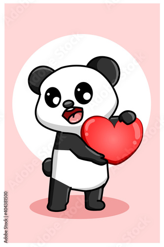 Kawaii and funny panda bring a big heart valentine cartoon illustration