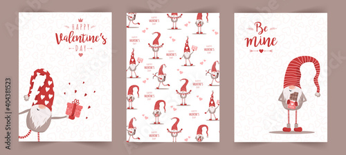 Valentines day scandinavian cards. Cute little gnomes in red hats. Be mine. Vector illustration in cartoon style. Noel vintage postcards on white background.