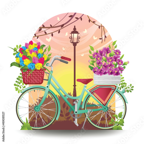 Illustration of a Bicycle and Basket Full of Spring Flowers