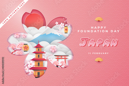 Happy national foundation day japan in paper cut art style with editable text effect Premium Vector