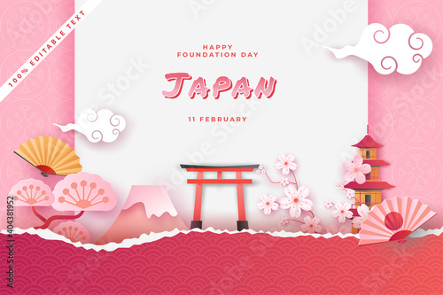 Happy national foundation day japan in paper cut art style with editable text effect Premium Vector