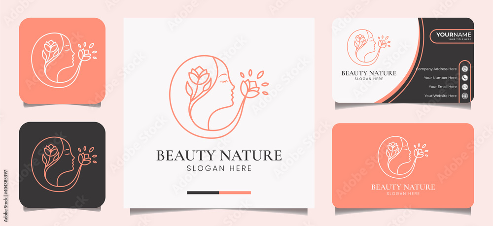 Naklejka premium Elegant beauty woman with flower logo and business card template