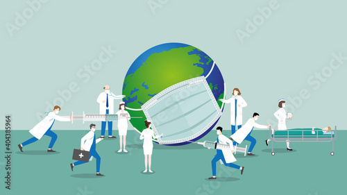 The world wearing surgical mask with sick. Medical staff doctors and nurses work hard to fight the epidemic. Concept of prevention, research, immunization, inject vaccine syringe, protection patient.