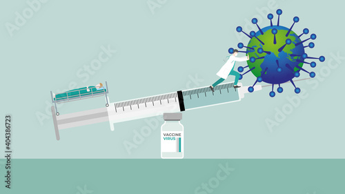 Medical case concept. Doctor keeping balance of syringe on vaccine bottle for virus and infected patient under investigation. Prevent pandemic of the virus, immunization, Infection control of humanity