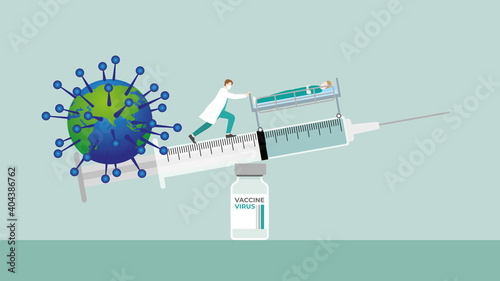 Medical case concept. Doctor keeping balance of syringe on vaccine bottle for virus and infected patient under investigation. Prevent pandemic of the virus, immunization, Infection control of humanity