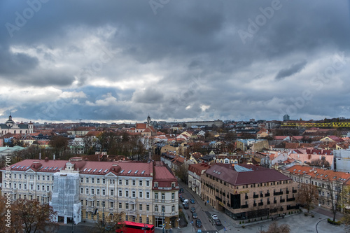 Wide angle shot from high up of Vilnius, the capital of the Republic of Lithuania