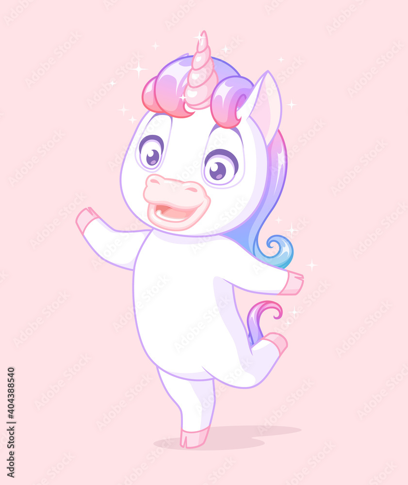 Cute baby unicorn standing on one leg. Vector cartoon character on pink background. Cute baby unicorn standing on one leg. Vector cartoon character on pink background.