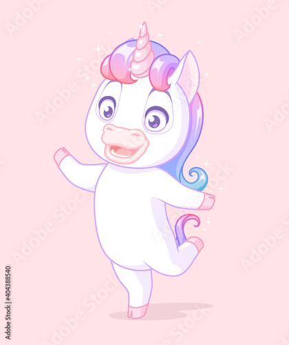 Cute baby unicorn standing on one leg. Vector cartoon character on pink background.