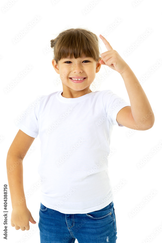 Happy girl pointing with her index finger up Happy girl pointing with her index finger up