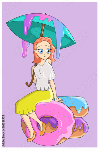 A girl on a giant donut under an umbrella