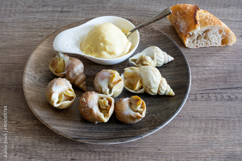 Assiette de bulots, avec mayonnaise et morceau de pain photo