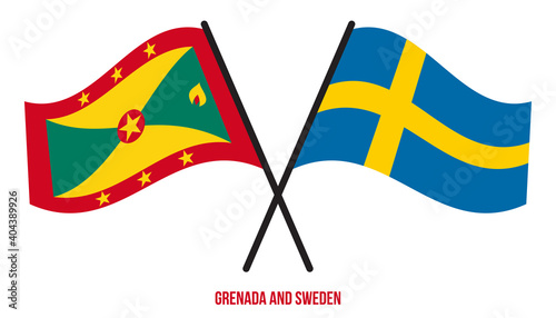 Grenada and Sweden Flags Crossed And Waving Flat Style. Official Proportion. Correct Colors.