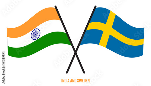 India and Sweden Flags Crossed And Waving Flat Style. Official Proportion. Correct Colors.
