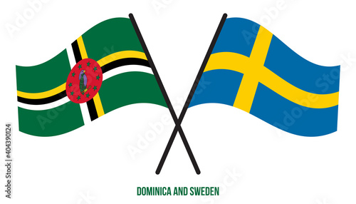 Dominica and Sweden Flags Crossed And Waving Flat Style. Official Proportion. Correct Colors.