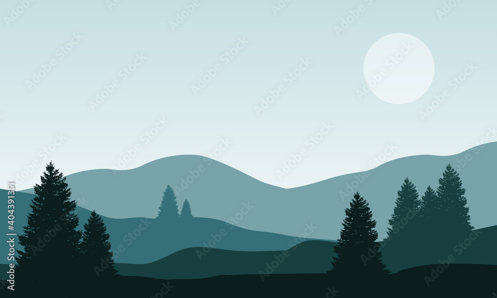 Morning atmosphere with beautiful views of trees and mountains. Vector illustration