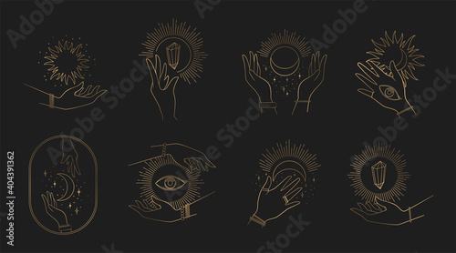 Vector collection of gold mystic logo or emblem templates with abstract hands, sun, moon and stars isolated on black background. Feminine design concept for cosmetics, beauty products, packaging
